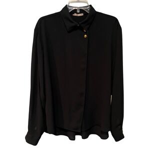 Vintage 90s Orchid Collection Black Asymmetrical Blouse Gold Button Wrap Size M